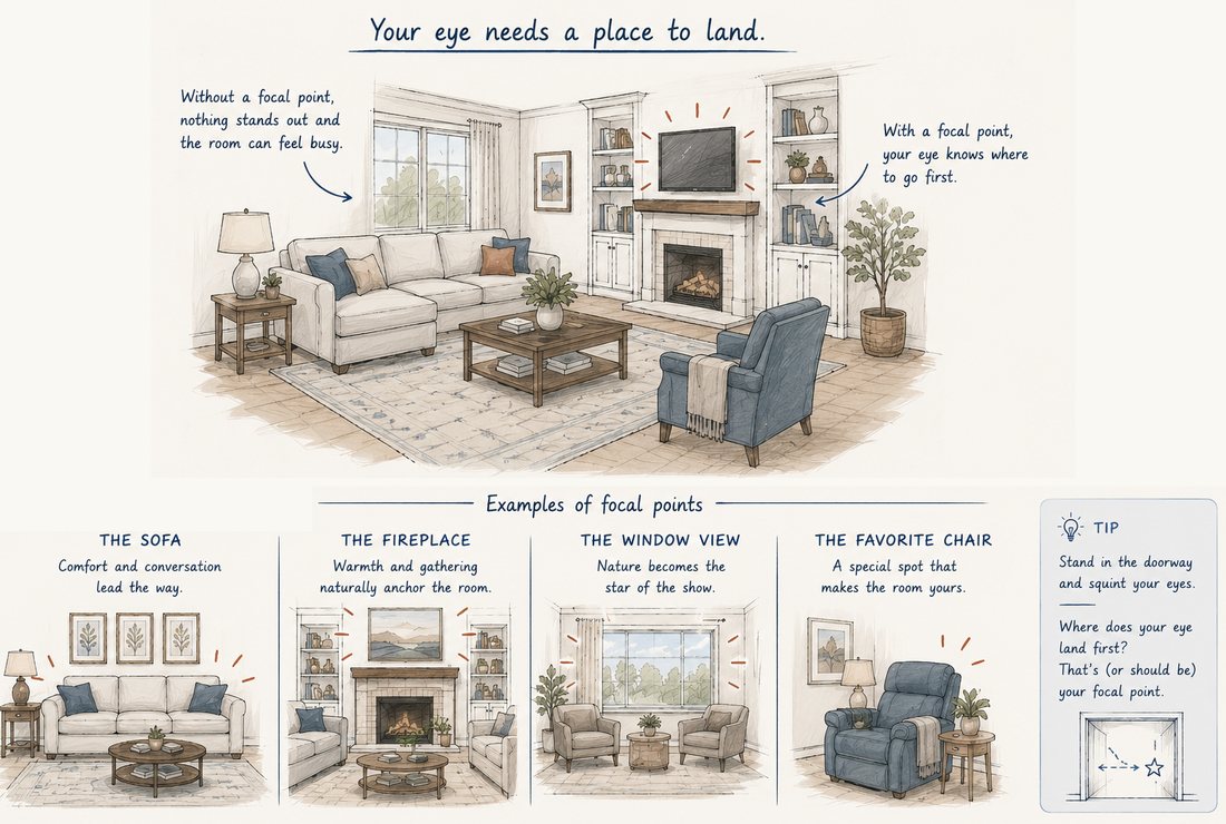 An illustrated living room where the sofa and chairs are pulled in around the fireplace instead of pushed against the walls.