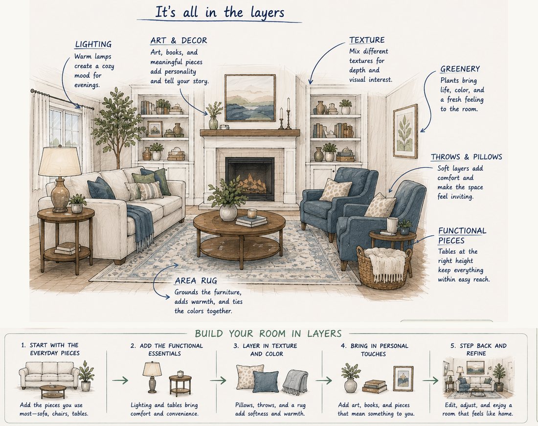 An illustrated living room with callouts for lighting, art, texture, greenery, throws and pillows, side tables and the area rug.