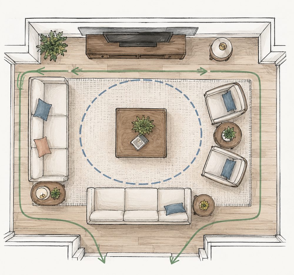 Overhead plan of a living room with arrows showing walking paths around the seating and a dashed oval marking the conversation zone.
