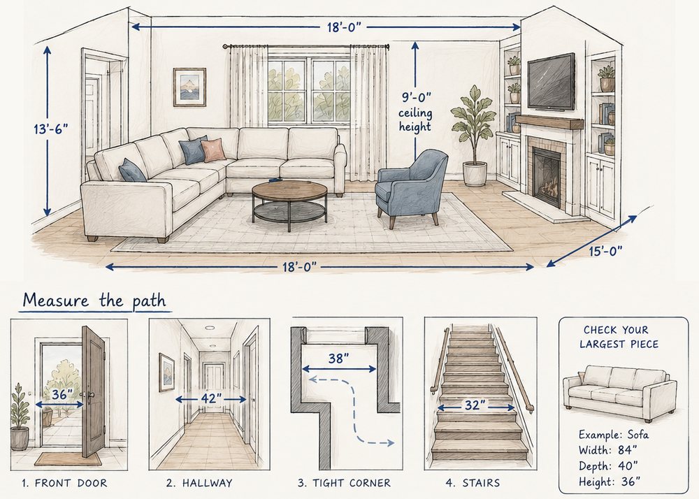 An illustrated living room marked with its width, length and ceiling height, plus panels showing the front door, hallway, tightest corner and stairway furniture has to pass through.