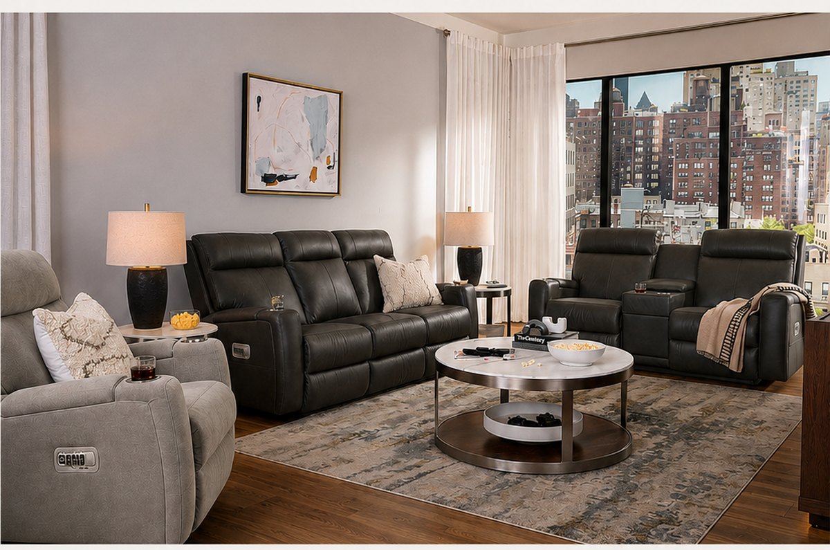 A living room with two leather reclining sofas angled toward each other across a round coffee table and a large patterned rug.