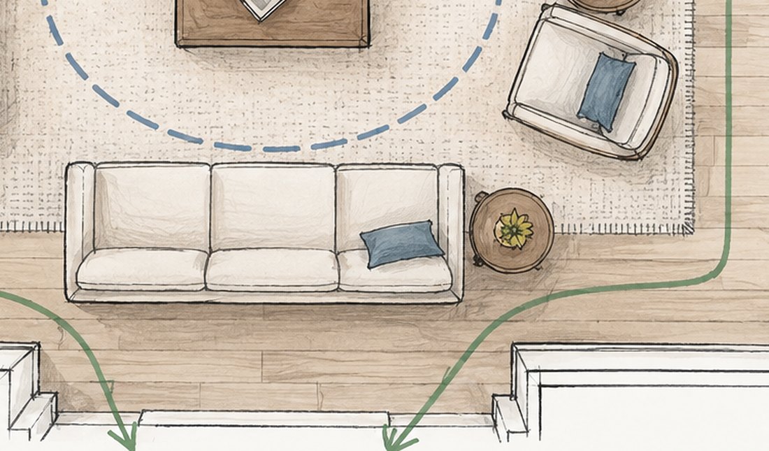 Close overhead view of a sofa with its front legs resting on the edge of a large area rug.