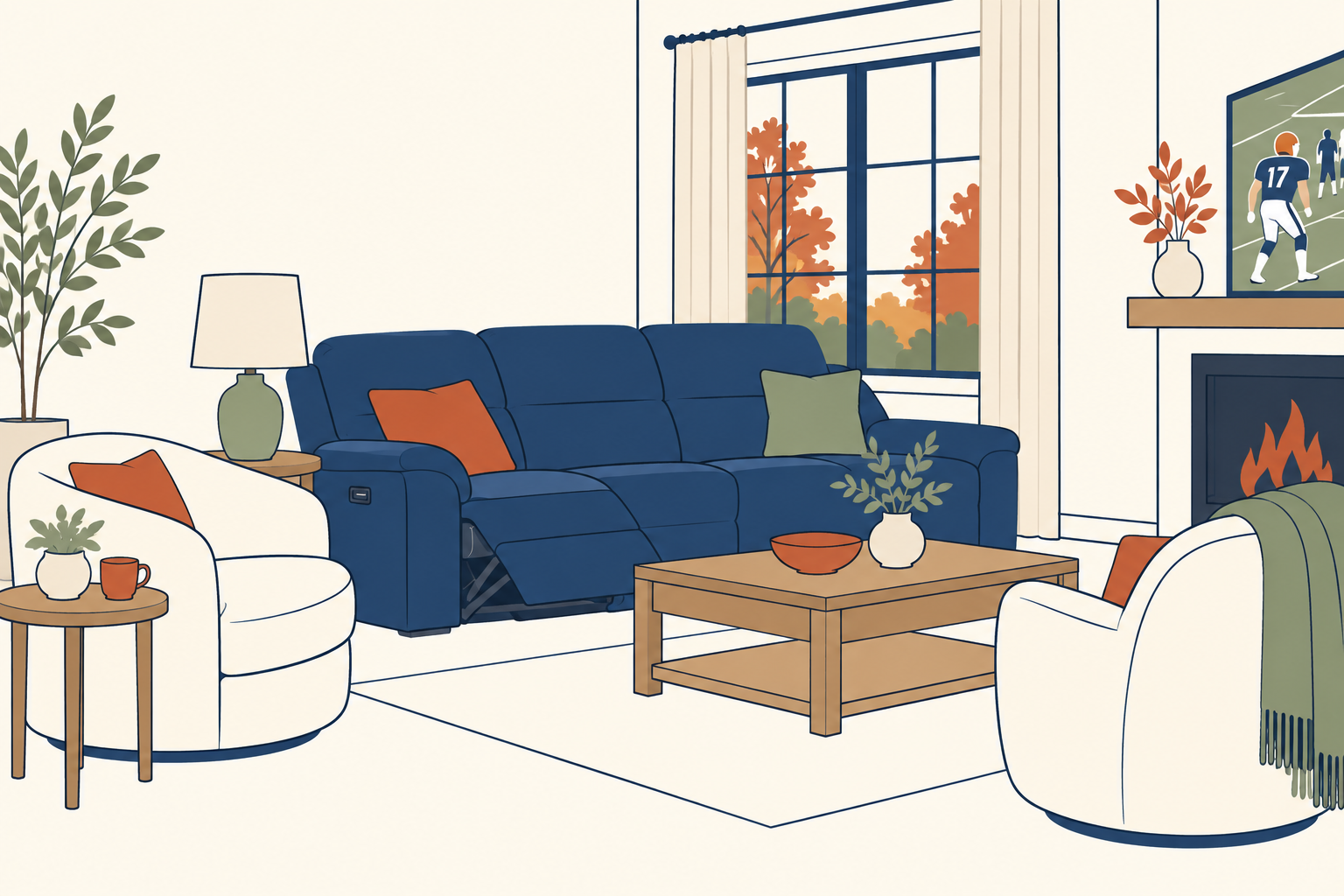 Living room with reclining sofa and open traffic paths