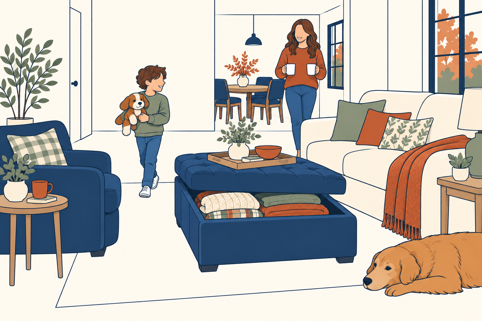 Family living room with flexible seating and a storage ottoman